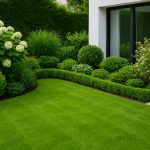 well-maintained garden with lush green grass and hedges