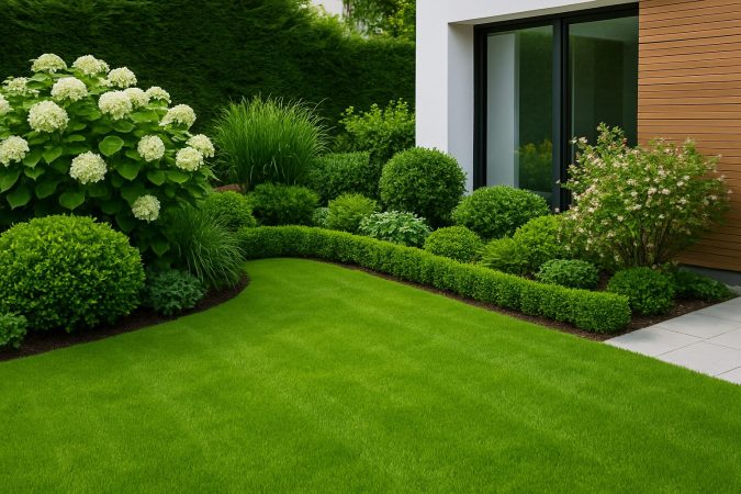 well-maintained garden with lush green grass and hedges