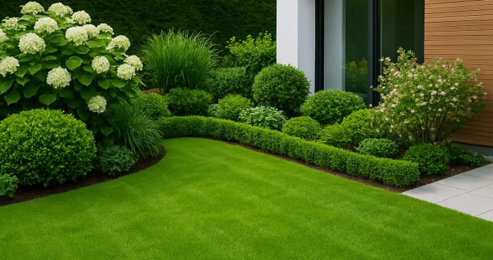 well-maintained garden with lush green grass and hedges