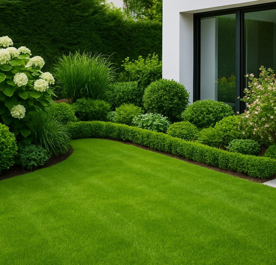 well-maintained garden with lush green grass and hedges